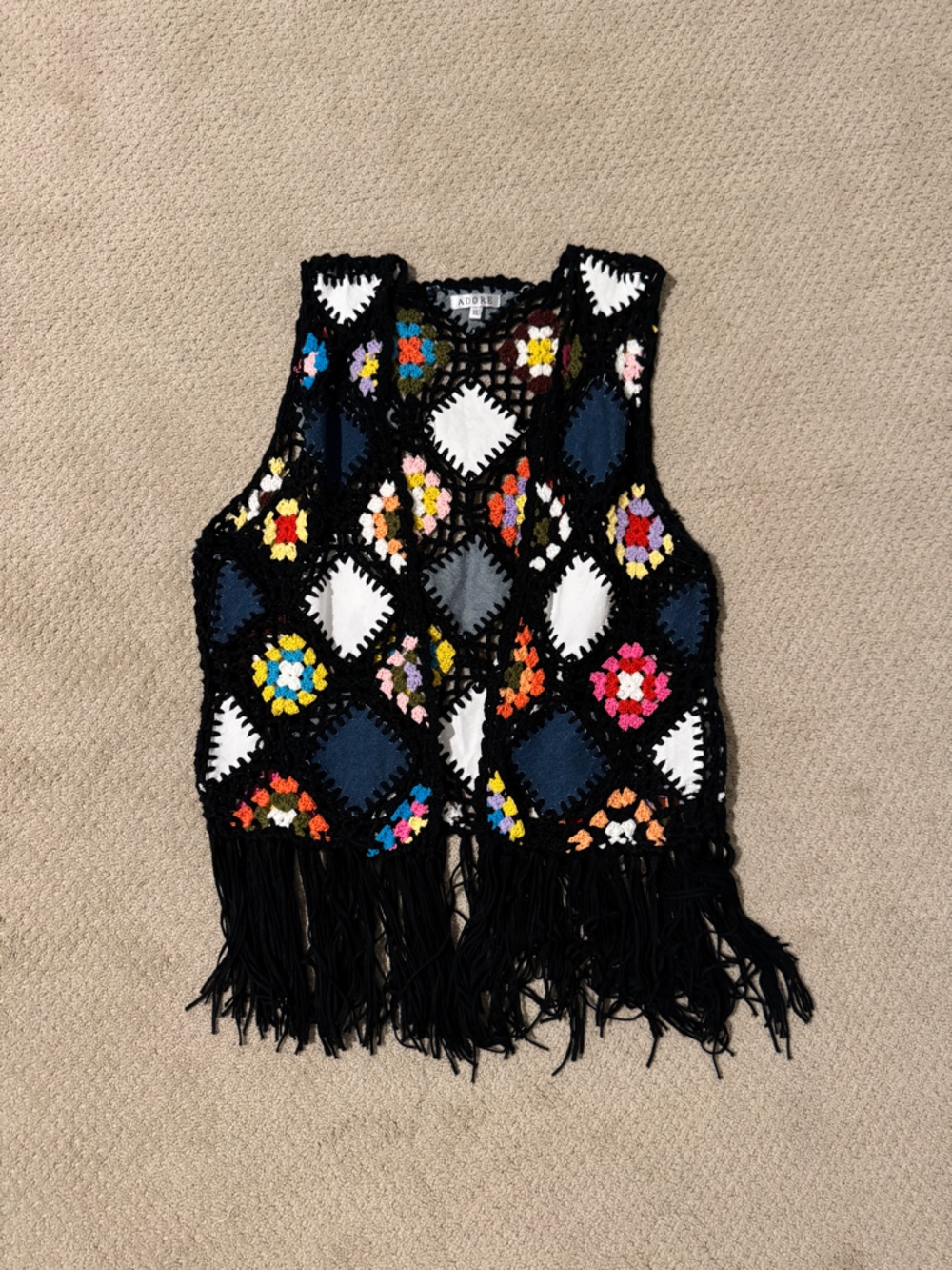 Black Crochet Fringe Vest with Multi-Color Floral Squares